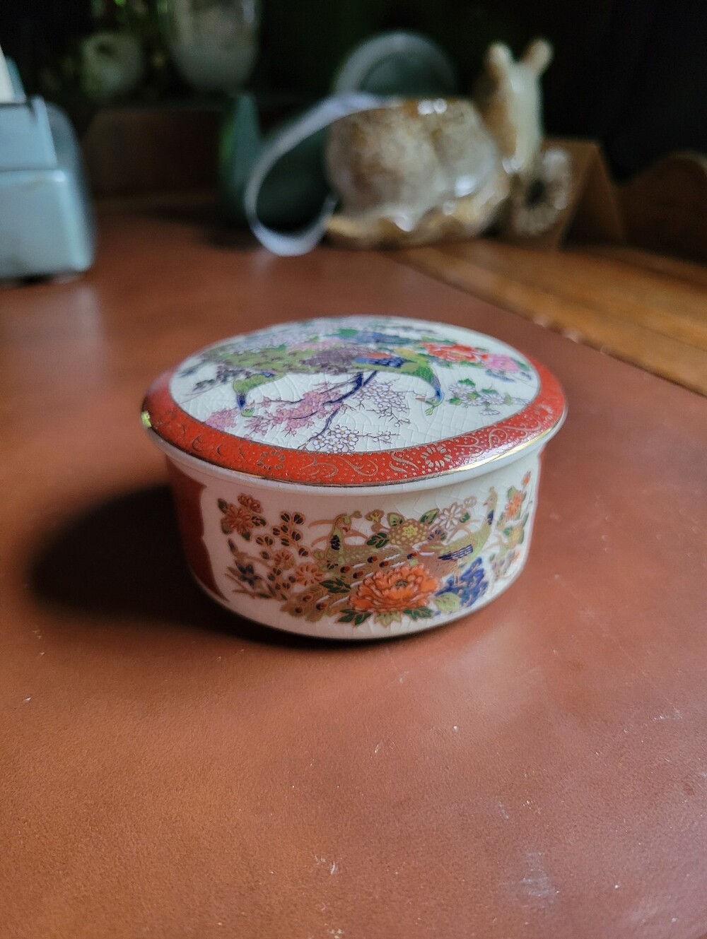 Vintage Japanese Satsuma Trinket Box Peacock Red Gold 3 3/4 in. diameter